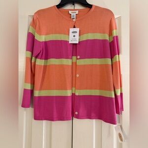 NWT Vintage Talbots Coral Pink Lime Striped Button Cardigan